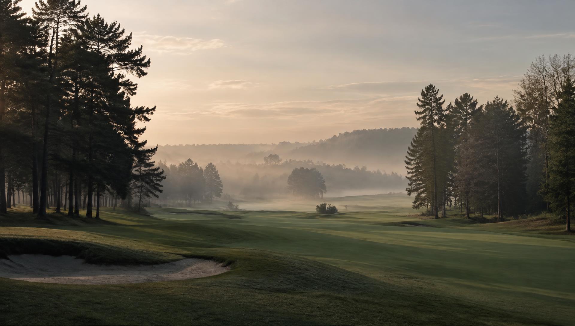 A quiet golf course in morning mist